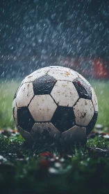 Weathered soccer ball under pouring stadium rainstorm.