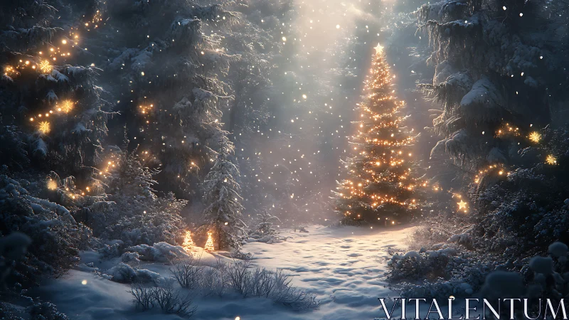 Snowy forest Christmas tree glows under soft twilight sky.