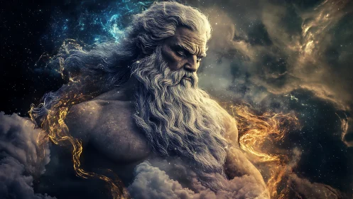 Stormbearded sky deity forging galaxies from swirling fire.