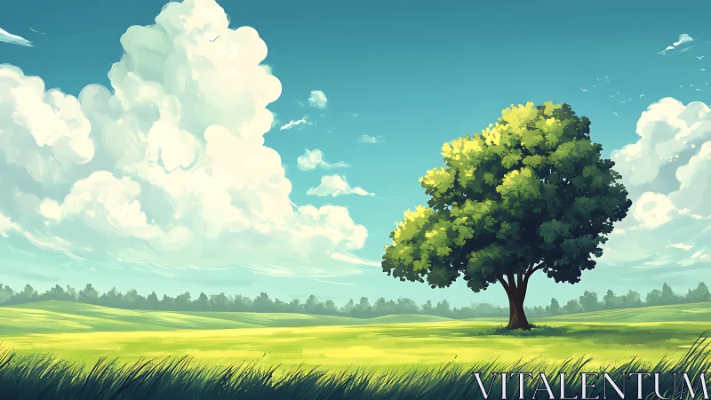 Lone green tree under vast clouds in sunlit meadow.