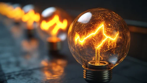 Glowing filament bulb line creates electric pulse path