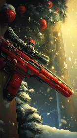 Holiday sniper’s perch wrapped in wintry golden glow.