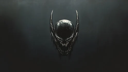 Symmetrical black creature head is centered on dark field
