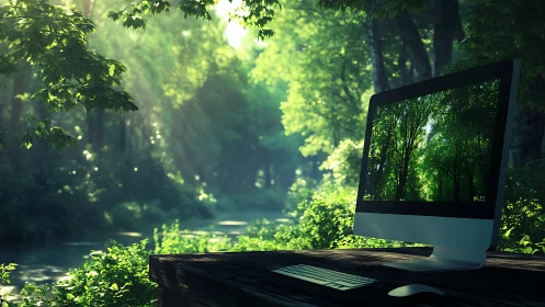 Desktop monitor on wooden table shows matching forest scene