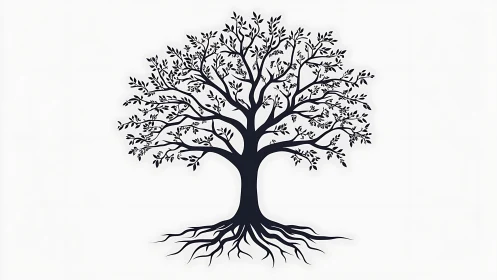 Vector silhouette tree diagram with branching canopy and exposed roots
