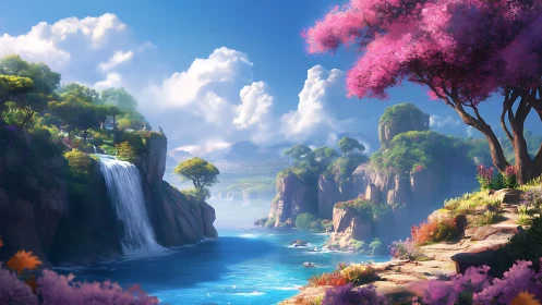 Dreamlike waterfall valley glows beneath vibrant pink trees