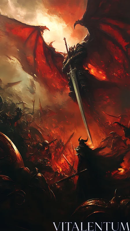 Storm of fire and wings crowns a lone dark-armored warrior