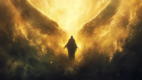 Radiant winged guardian emerging from swirling golden light.