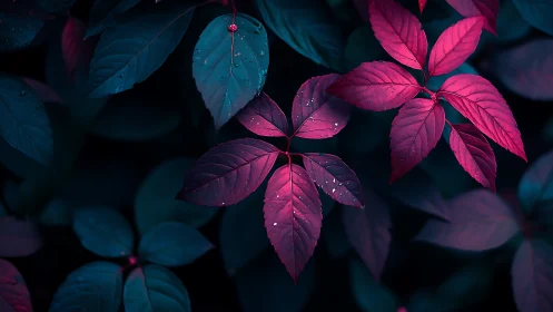 Neon pink leaves glow softly against deep teal forest shadows