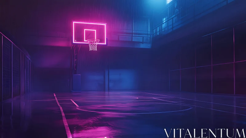 Neon court after hours under rain-soaked cyberpunk hush.