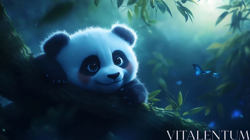 Baby panda dreams beneath glowing forest fireflies tonight
