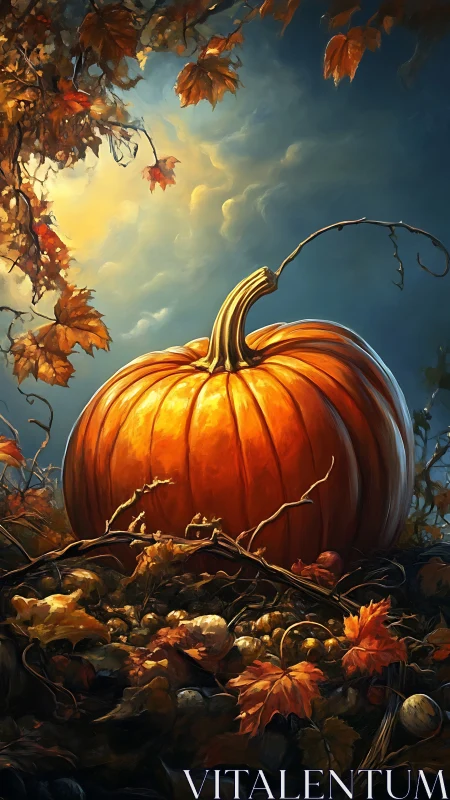 Large autumn pumpkin rests on leafy forest ground