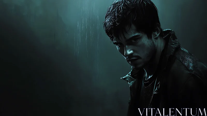 Noir-graded vigilante portrait in rain-soaked low key lighting.