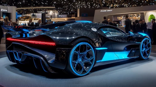 Futuristic blue hypercar under showroom lights at auto expo.
