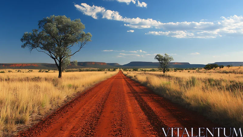 Red dirt outback road cutting through golden grassland.
