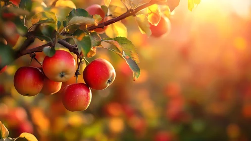 Sunlit apples ripening softly in a glowing autumn orchard.