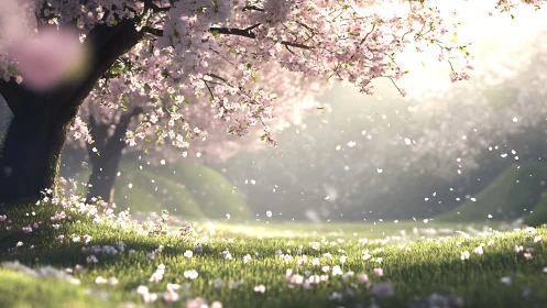 Spring blossom grove under soft dawn backlight.