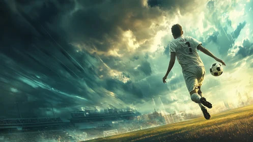 Soccer player running toward ball under dramatic sky.