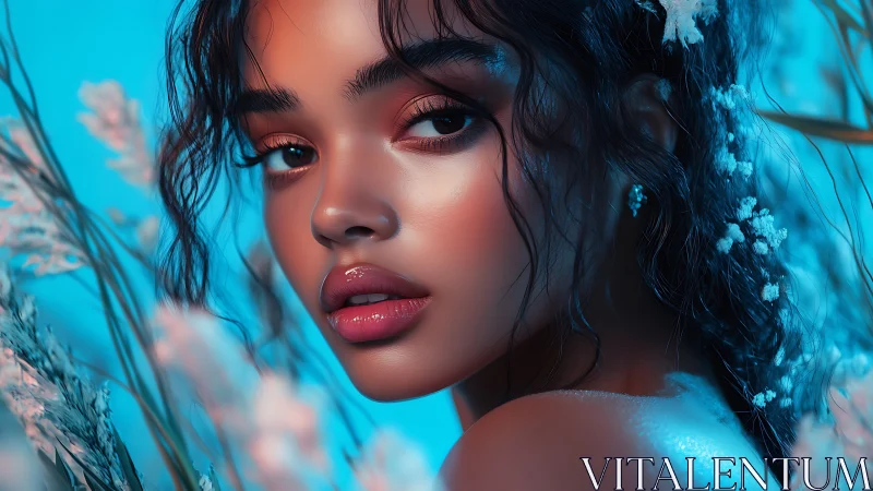 Soft blue glow surrounds a serene woman in dreamy florals