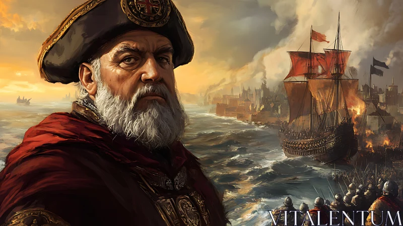 Sea captain watches a burning harbor under stormy skies.