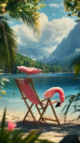 Surreal flamingos lounging on deck chair by alpine lake
