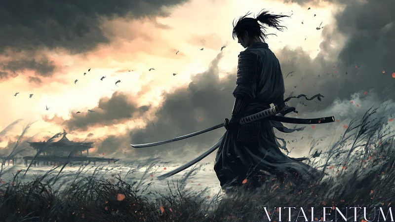 Stormlit ronin strides through windswept battlefield dusk.