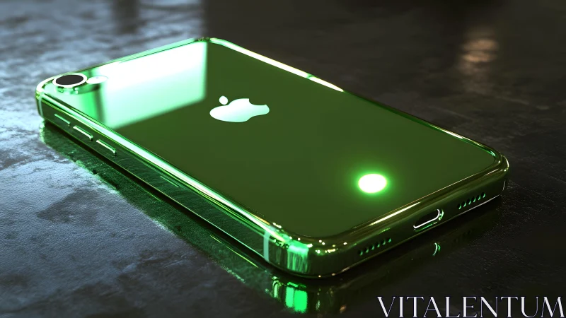 Sleek Green Metallic iPhone on Dark Reflective Surface, Modern Style.