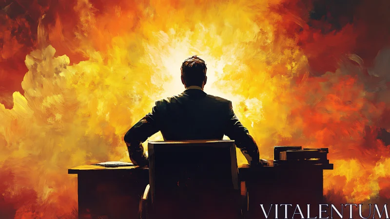 Executive Silhouette Confronts Explosive Intensity Behind Desk