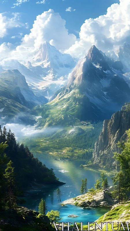 Mountain valley landscape shows lake, cliffs and clouds clearly