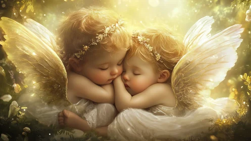 Sleeping twin angel babies in soft golden forest light.