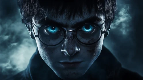 Moody wizard portrait with glowing cyan eyes in mist.