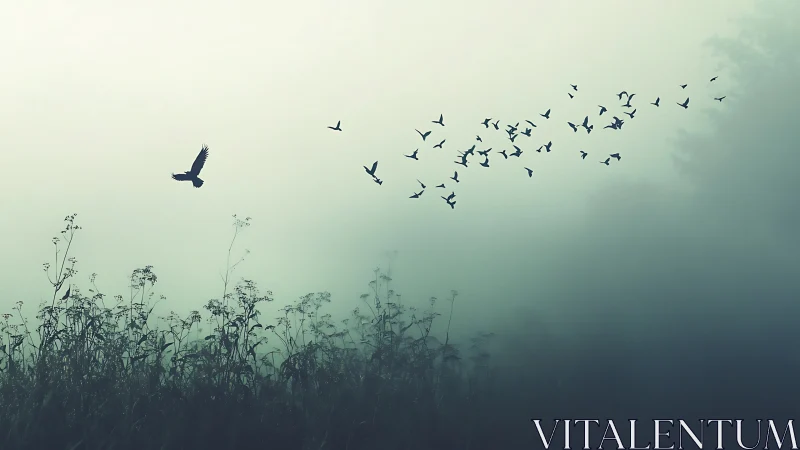 Flock of Birds Flying Over Misty Field in Minimalist Nature Art.