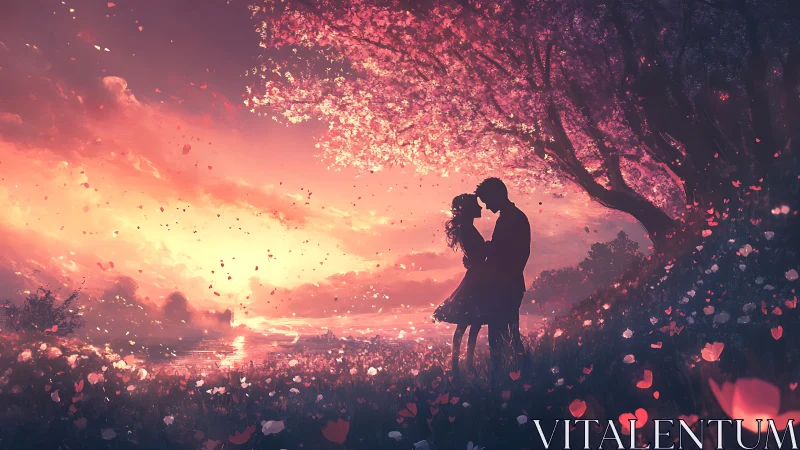 Silhouetted Couple Amid Luminous Petals at Golden Hour Sunset.
