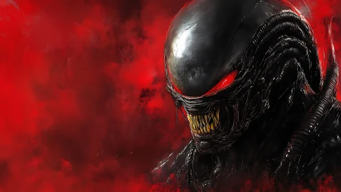 Armored alien predator glares through blood red vapor