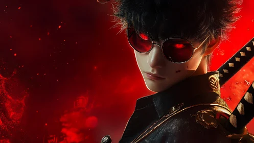 Red-lit katana wielder with reflective visor glasses in profile