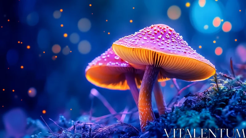 Bioluminescent-style mushrooms in blue forest glow.