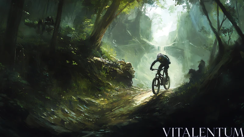 Mountain Biker Traversing Luminous Forest Canyon.