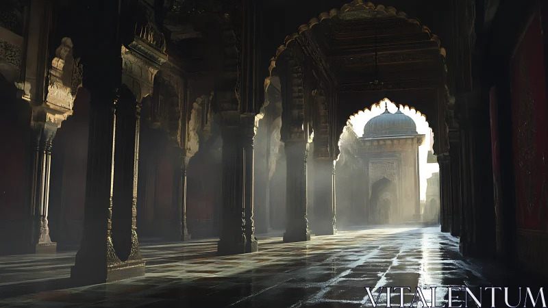 Morning light drifting through a quiet palace arcade.