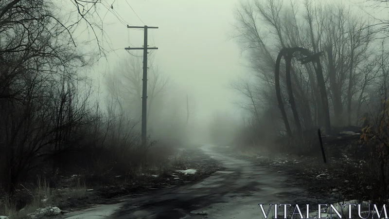 Desolate winter road in dense fog with leaning relics.
