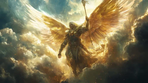 Radiant warborn seraph strides through thunder-gilded heavens.