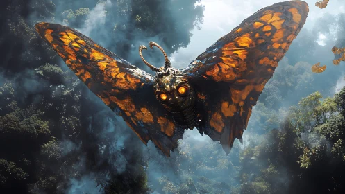 Titan moth glides through stormlit jungle air like living ember