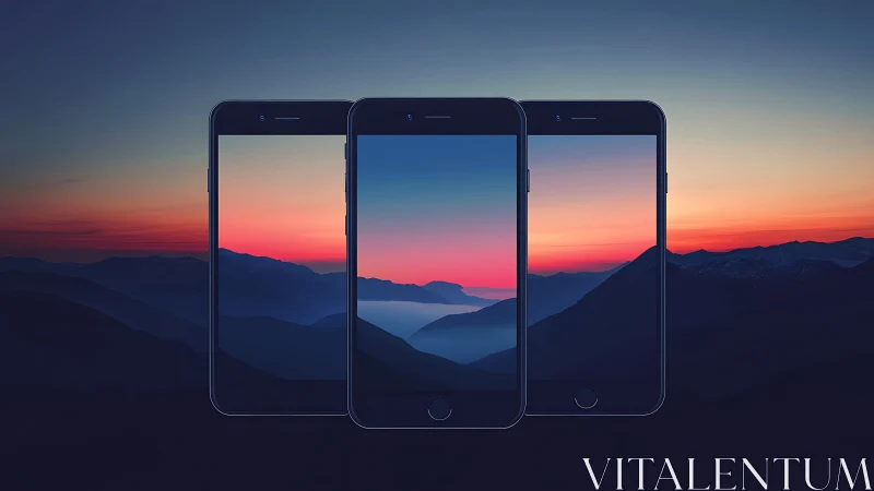 Smartphone trio frames vivid mountain sunset horizon