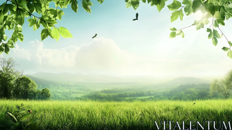 Sunlit grassland panorama with atmospheric depth and layered foliage