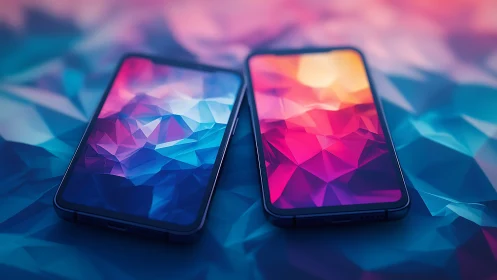 Dual smartphones with polygonal gradients on reflective surface