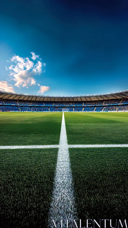 Central pitch markings divide a modern football stadium symmetrically