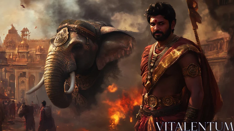 Warrior prince and armored elephant in burning ancient city.