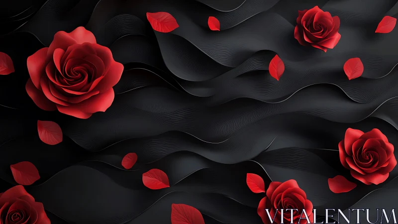Scarlet Roses Cascade Through Ebony Waves.