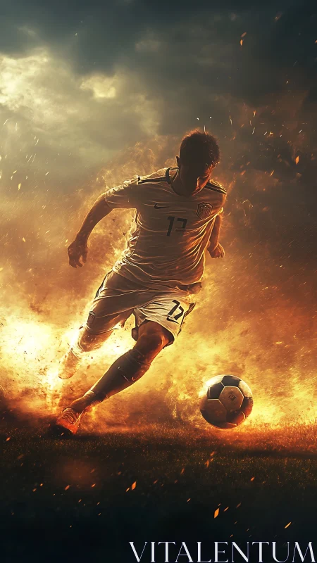 Fiery soccer charge with dynamic striker in motion.