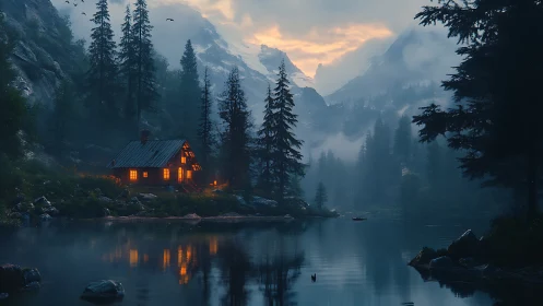 Cabin with warm lights by misty alpine lake at dusk.