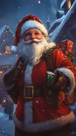 Digital painting portrait of Santa in snowy village street.